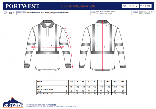 Tricou Polo cu maneci lungi Hi-Vis antistatic si ignifug, galben, regular, Modaflame, Portwest